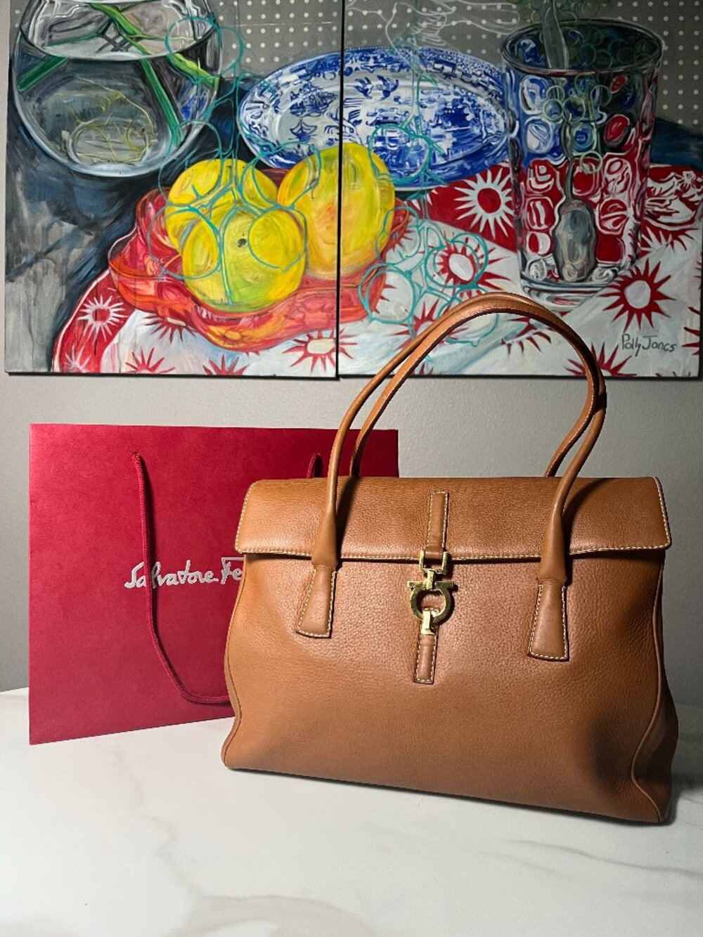 Salvatore Ferragamo Gancini Brown Leather Satchel Top Handle Shoulder Bag